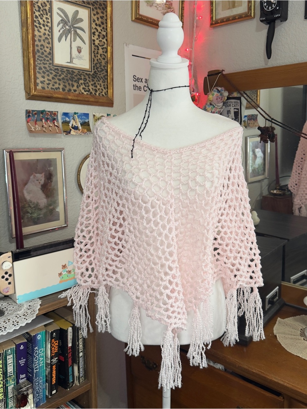 Y2K Style Light Pink Open-Knit Fringe Poncho Sweater - Women